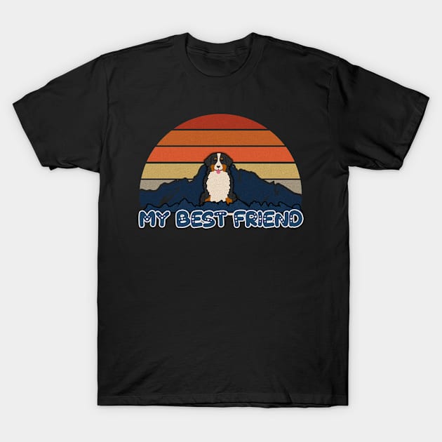 My Best Friend Bernese Mountain Dog Striped Sunset Mountain Background Design - Gift for Berner Lovers T-Shirt by HarrietsDogGifts